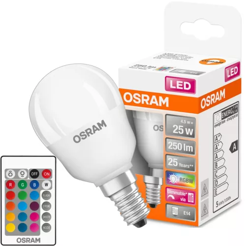 E14 P45 LED izzó 4,5W = 25W 250lm RGBW 200° OSRAM Star + TÁVIRÁNYÍTÓ
