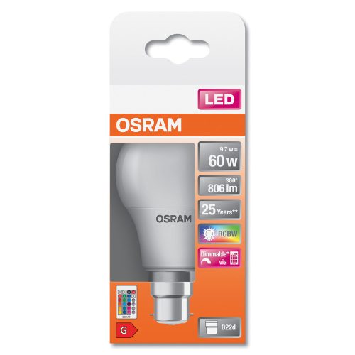 LED izzó A60 B22d 9.7W = 60W 806lm 2700K RGBW 200° Dimmelhető Távirányítós Retrofit Izzószálas Osram