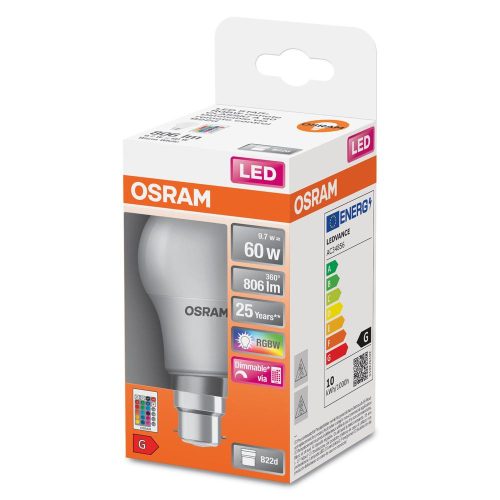 LED izzó A60 B22d 9.7W = 60W 806lm 2700K RGBW 200° Dimmelhető Távirányítós Retrofit Izzószálas Osram