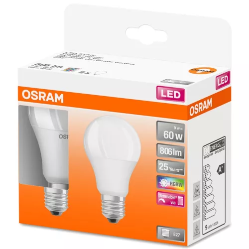 2x LED izzó A60 E27 9W = 60W 806lm RGBW 180° OSRAM Star + Távirányító