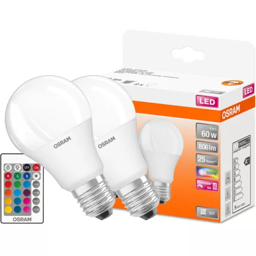 2x LED izzó A60 E27 9W = 60W 806lm RGBW 180° OSRAM Star + Távirányító