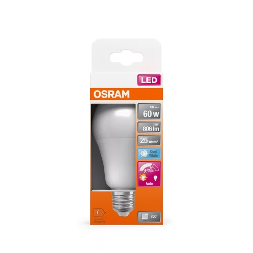 LED izzó A60 E27 8.8W = 60W 806lm 4000K Semleges 200° Mozgás- és alkonyérzékelővel CLASSIC Osram