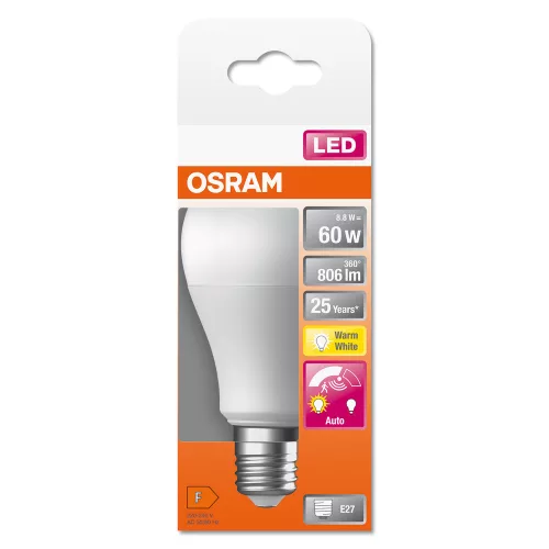 LED izzó A60 E27 8.8W = 60W 806lm 2700K Meleg 200° Mozgás- és alkonyérzékelővel CLASSIC Osram