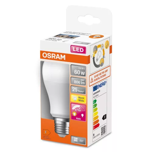 LED izzó A60 E27 8.8W = 60W 806lm 2700K Meleg 200° Mozgás- és alkonyérzékelővel CLASSIC Osram