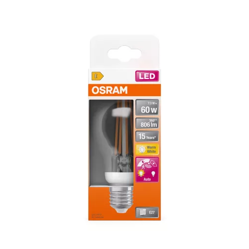 LED izzó A60 E27 7.3W = 60W 806lm 2700K Meleg 320° Mozgás- és alkonyérzékelővel CLASSIC Osram