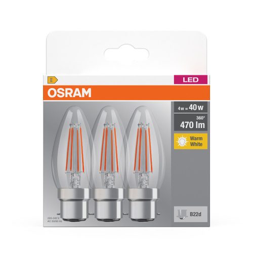 3x LED izzó B35 gyertya B22d 4W = 40W 470lm 2700K Meleg 300°-os foglalat Osram