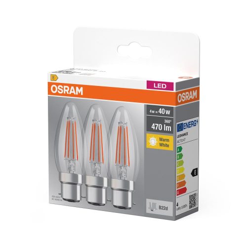 3x LED izzó B35 gyertya B22d 4W = 40W 470lm 2700K Meleg 300°-os foglalat Osram