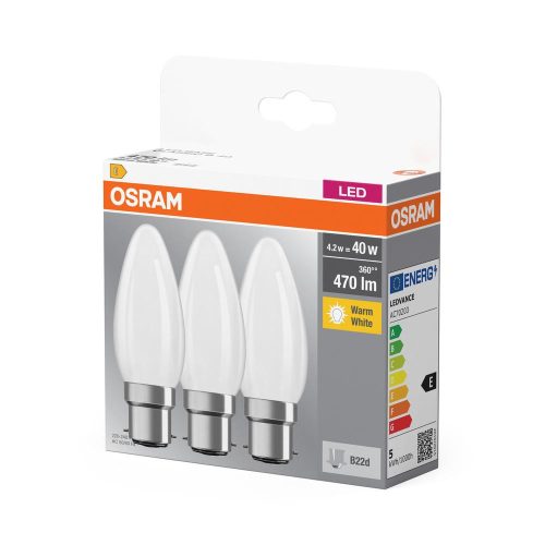 3x LED izzó B35 gyertya B22d 4W = 40W 470lm 2700K 300° Meleg fejelés Osram