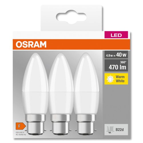 3x LED izzó B37 gyertya B22d 4.9W = 40W 470lm 2700K Meleg 200°-os foglalat Osram