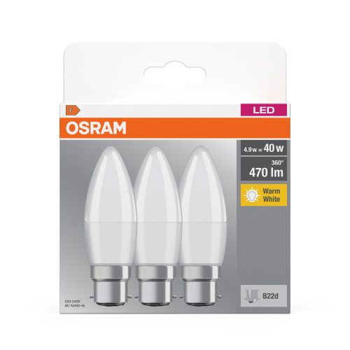 3x LED izzó B37 gyertya B22d 4.9W = 40W 470lm 2700K 200° Meleg fejelés Osram