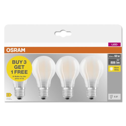4x LED izzó A60 E27 6,5 W = 60 W 806 lm 2700 K Meleg 300°-os foglalat Osram