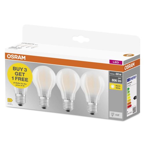 4x LED izzó A60 E27 6,5 W = 60 W 806 lm 2700 K Meleg 300°-os foglalat Osram