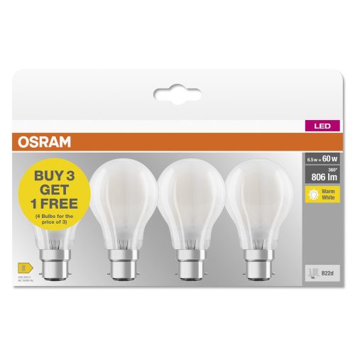4x LED izzó A60 B22d 6.5W = 60W 806lm 2700K Meleg 300°-os foglalat Osram