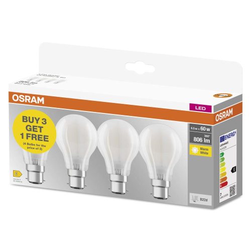 4x LED izzó A60 B22d 6.5W = 60W 806lm 2700K Meleg 300°-os foglalat Osram