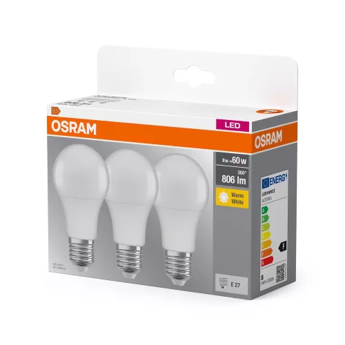 3x LED izzó A60 E27 8W = 60W 806lm 2700K Meleg 150°-os foglalat Osram