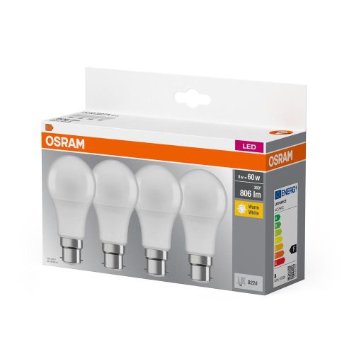 4x LED izzó A60 B22d 8W = 60W 806lm 2700K Meleg 150°-os foglalat Osram