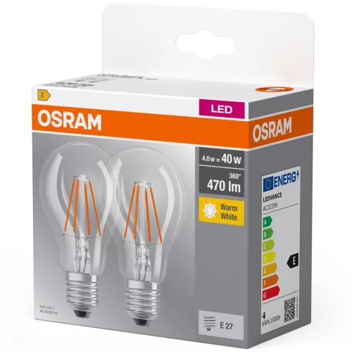 2x LED izzó E27 A60 4W = 40W 470lm 2700K meleg 300° OSRAM izzószál