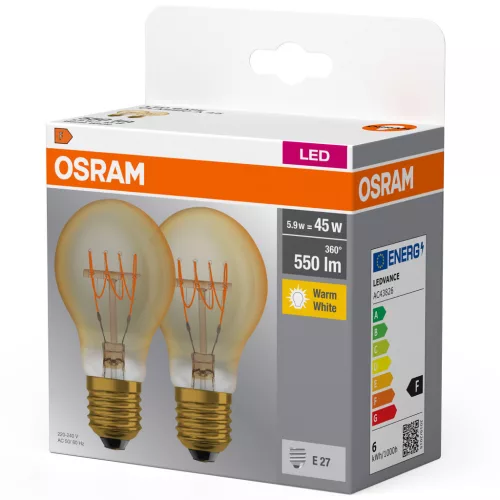 2x LED izzó E27 A60 4W = 40W 470lm 2700K Meleg 300° Izzószálas OSRAM