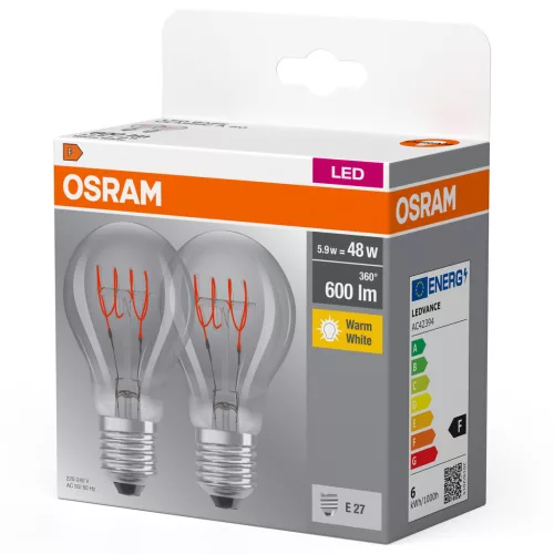 2x Dekoratív LED izzó E27 A60 5.9W = 45W 550lm 2700K Meleg 320° Izzószálas OSRAM