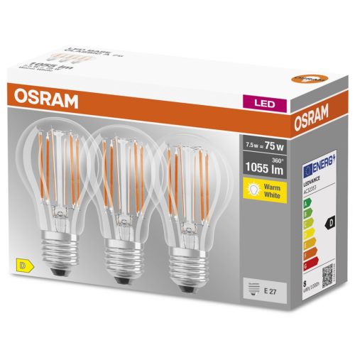 3db LED izzó E27 A60 CL 7.5W = 75W 1055lm 2700K  300° Izzószál OSRAM