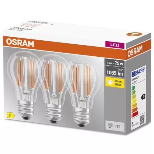 3db LED izzó E27 A60 CL 7.5W = 75W 1055lm 2700K  300° Izzószál OSRAM