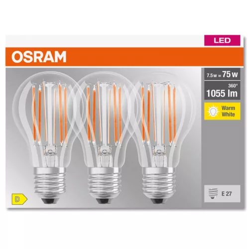 3db LED izzó E27 A60 CL 7.5W = 75W 1055lm 2700K  300° Izzószál OSRAM