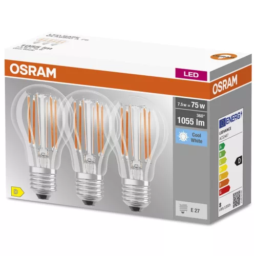 3PAK LED izzó E27 A60 CL 7,5W = 75W 1055lm 4000K semleges 300°-os izzószál OSRAM ALAP