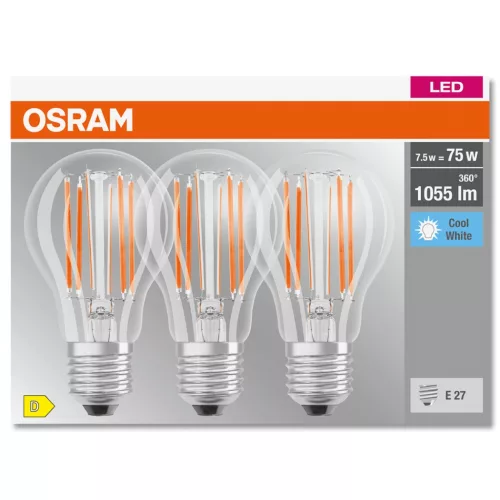 3PAK LED izzó E27 A60 CL 7,5W = 75W 1055lm 4000K semleges 300°-os izzószál OSRAM ALAP