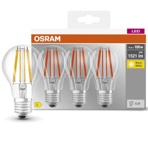 3db LED izzó E27 A60 CL 11W = 100W 1521lm 2700K  300° Izzószál OSRAM