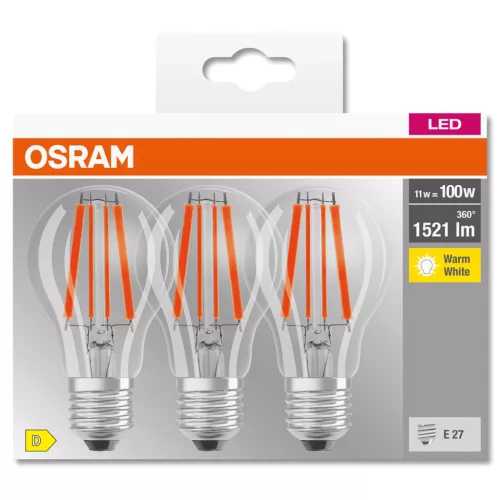 3db LED izzó E27 A60 CL 11W = 100W 1521lm 2700K  300° Izzószál OSRAM