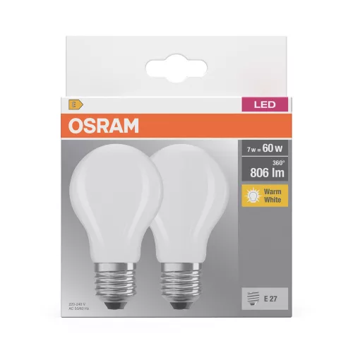 2x LED izzó A60 E27 6,5 W = 60 W 806 lm 2700 K Meleg 300°-os foglalat Osram