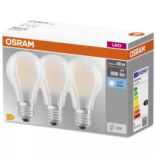 3PAK LED izzó E27 A60 6,5W = 60W 806lm 4000K semleges 300°-os izzószál OSRAM ALAP
