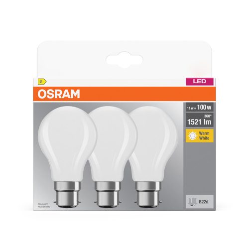 3x LED izzó A60 B22d 11W = 100W 1521lm 2700K Meleg 320°-os foglalat Osram