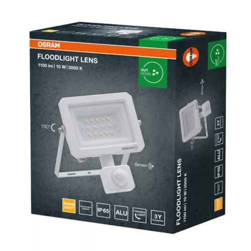 Kültéri LED reflektor mozgás- és alkonyérzékelővel 10W 1000lm 3000K meleg fehér IP65 fehér Lens Osram