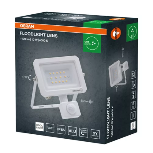 Kültéri LED reflektor mozgás- és alkonyérzékelővel 10W 1100lm 4000K semleges fehér IP65 fehér Lens Osram
