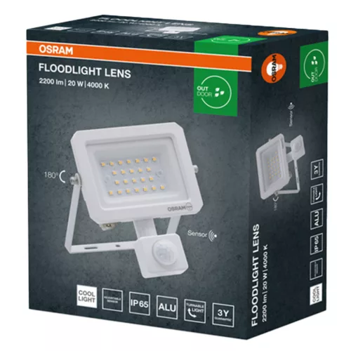 Kültéri LED reflektor mozgás- és alkonyérzékelővel 20W 2200lm 4000K semleges fehér IP65 fehér Lens Osram