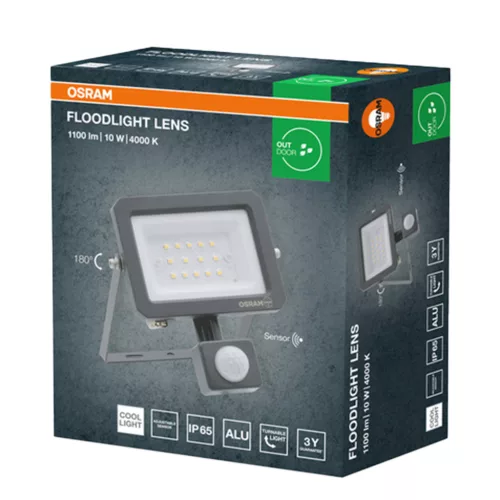 Kültéri LED reflektor mozgás- és alkonyérzékelővel 10W 1100lm 4000K semleges fehér IP65 szürke Lens Osram