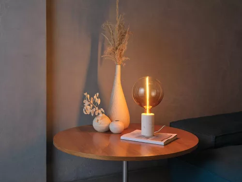 Asztali lámpa, dekoratív lámpatest, E27, fehér, szabályozható fényerejű, márvány talppal, asztali, fényerőszabályzóval, Osram