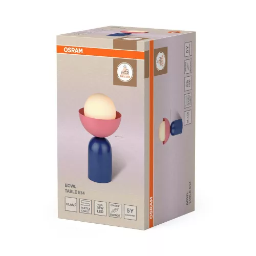 Asztali lámpa, dekoratív világítótest, E14, kék, rózsaszín, dekoratív tál asztal, Osram