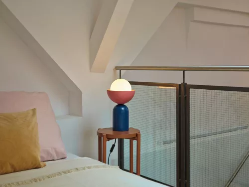 Asztali lámpa, dekoratív világítótest, E14, kék, rózsaszín, dekoratív tál asztal, Osram