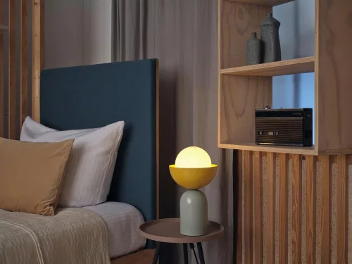 Asztali lámpa, dekoratív világítótest, E14, zöld, sárga, dekoratív tál alakú asztal, Osram