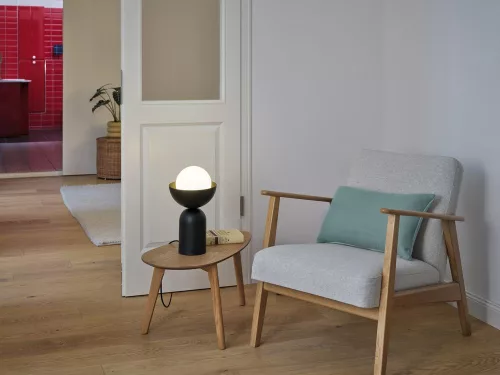 Asztali lámpa, dekoratív világítótest, E14, fekete, dekoratív tál alakú asztal, Osram