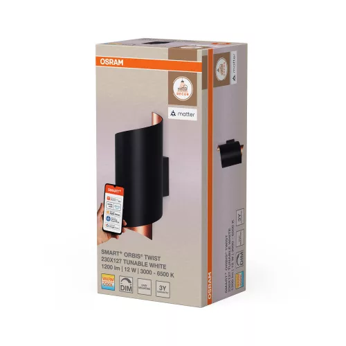Felületre szerelhető LED fali lámpa 12W 700lm 3000-6500K CCT 120° dimmelhető fekete SMART WiFi Matter Osram