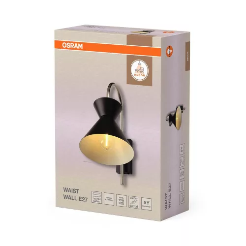 Fali lámpa, E27, fekete, dekoratív dekoráció, Osram