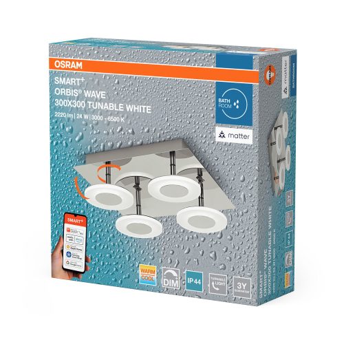 LED Fürdőszobai Lámpa Felületre Szerelhető 24W 1500lm 3000-6500K CCT Négyzet Ezüst IP44 Smart+ WiFi Matter Orbis Osram