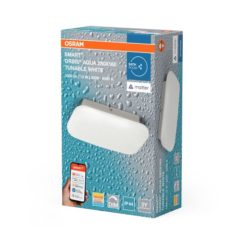 LED Fürdőszobai Mennyezeti Lámpa, Felületre Szerelt, 12W, 1000lm, 3000-6500K CCT, Téglalap Alakú, Fehér, IP44, Smart+ WiFi, Matter Orbis, Osram