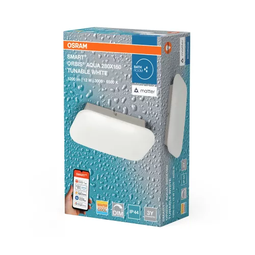 LED Fürdőszobai Mennyezeti Lámpa, Felületre Szerelt, 12W, 1000lm, 3000-6500K CCT, Téglalap Alakú, Fehér, IP44, Smart+ WiFi, Matter Orbis, Osram