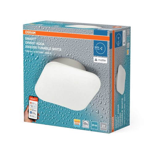 LED Fürdőszobai Mennyezeti Lámpa, Felületre Szerelt, 12W, 900lm, 3000-6500K, CCT, Négyzet alakú, Fehér, IP44, Smart+ WiFi, Matter Orbis, Osram