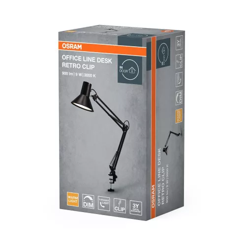 Iskolai asztali rajzlámpa LED lámpatest, dimmelhető, 9W 3000K meleg fényű 393lm, fekete Office Line Osram