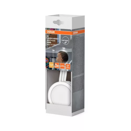 Hordozható szekrény alatti spot bútor LED lámpa 3W 3000K meleg fényű 250lm fehér Spot Puck Osram